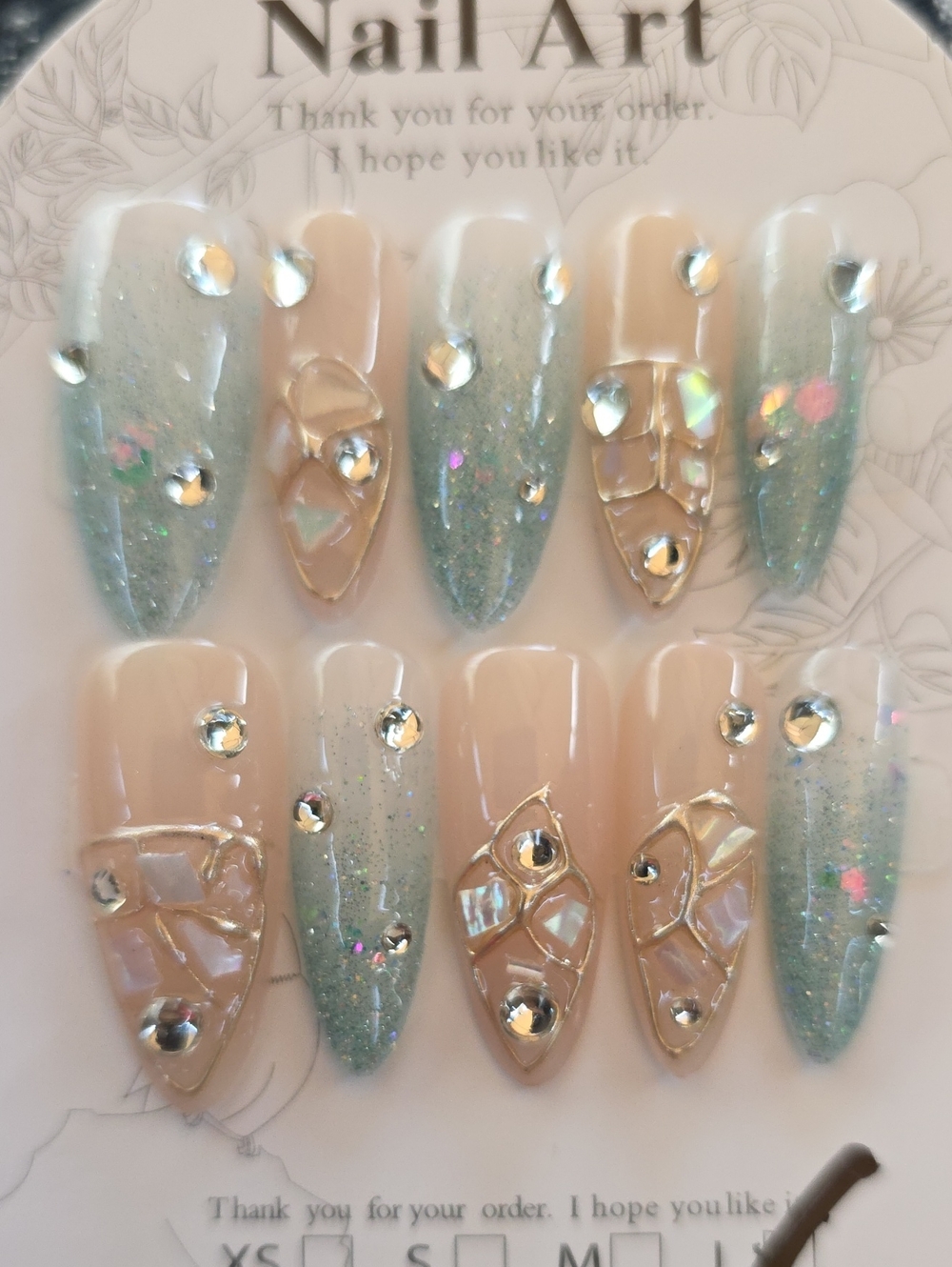 Nude & Seafoam Glitter Press-On Nail Set with Rhinestones Size Large